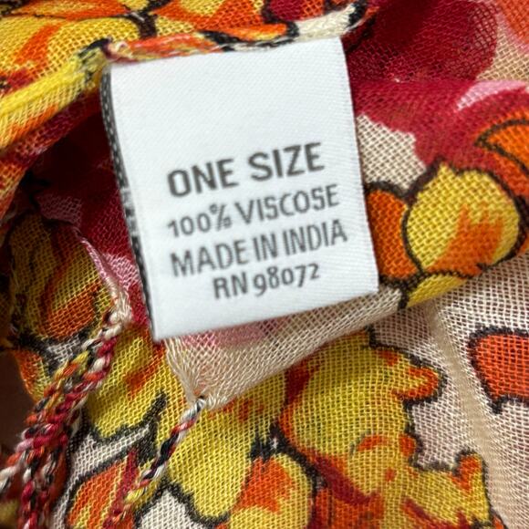 Beachy Boho floral scarf wrap shawl lightweight fringed orange yellow floral - Picture 6 of 6